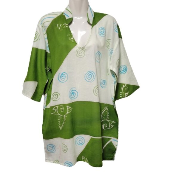 HANDPAINTED Batik Three Quarter Sleeve Mandarin Collar Tunic Top ONE SIZE- NWOT - Picture 3 of 16